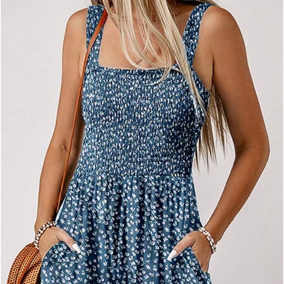 Boho Floral Print Smocked Bodice Cami Tank Top Wide Leg Jumpsuit - Picture 3 of 7